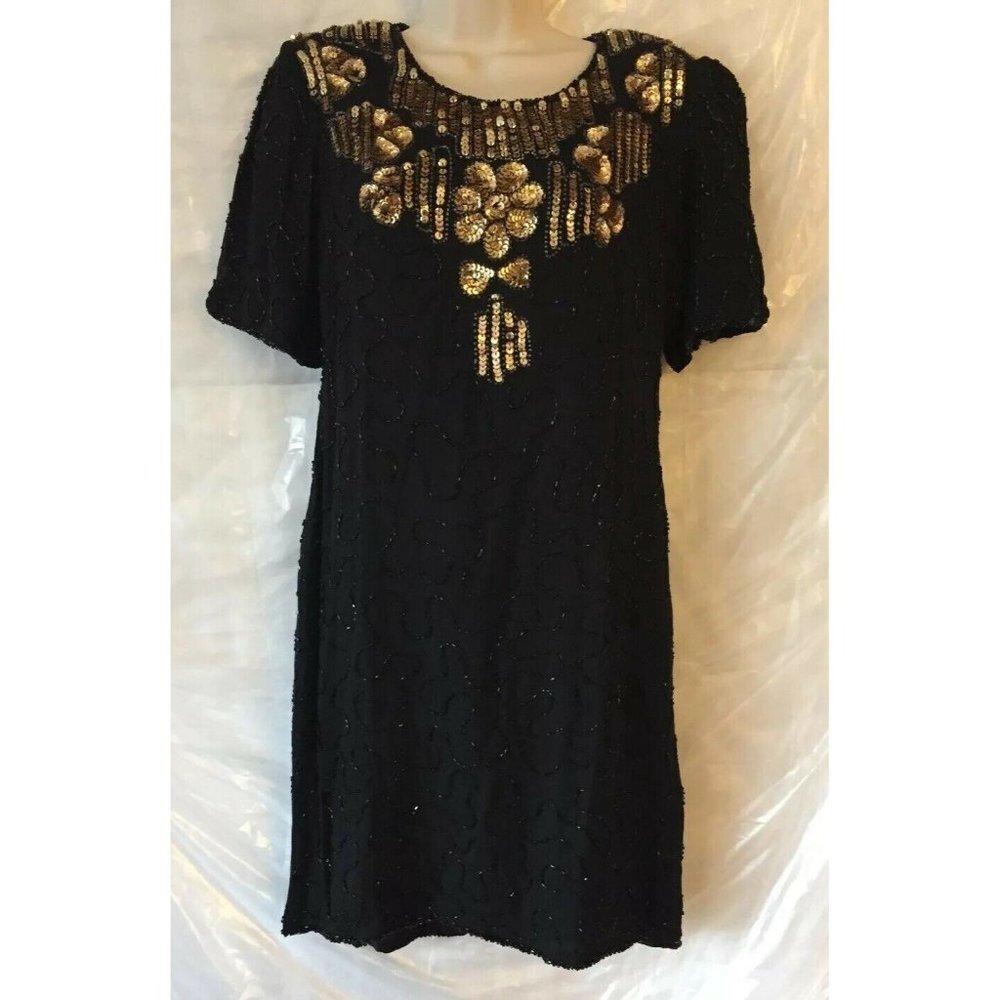 Vintage 80s Jessica Taylor Dress S Silk Beads Sequin Cocktail Black Gold Evening